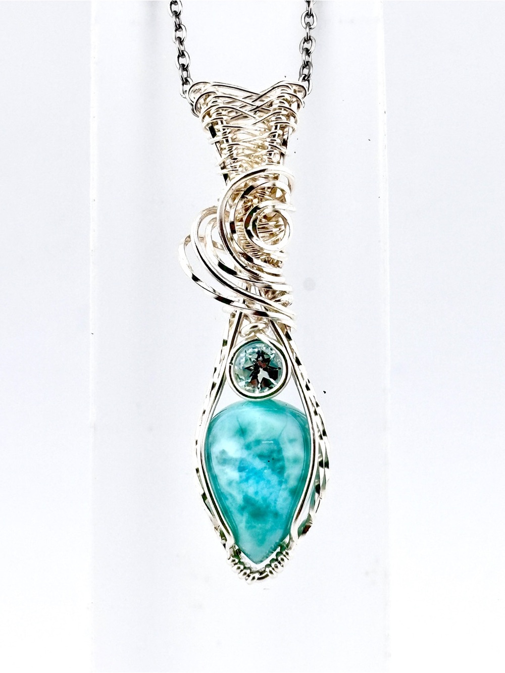 HANDMADE Larimar Faceted Blue Topaz Silver Filled Wire Wrapped Pendant Necklace
